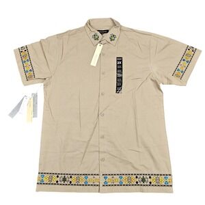 Reason Brand Khaki Embroidered Short Sleeve Button Down Shirt Mens 2XL S449 NEW